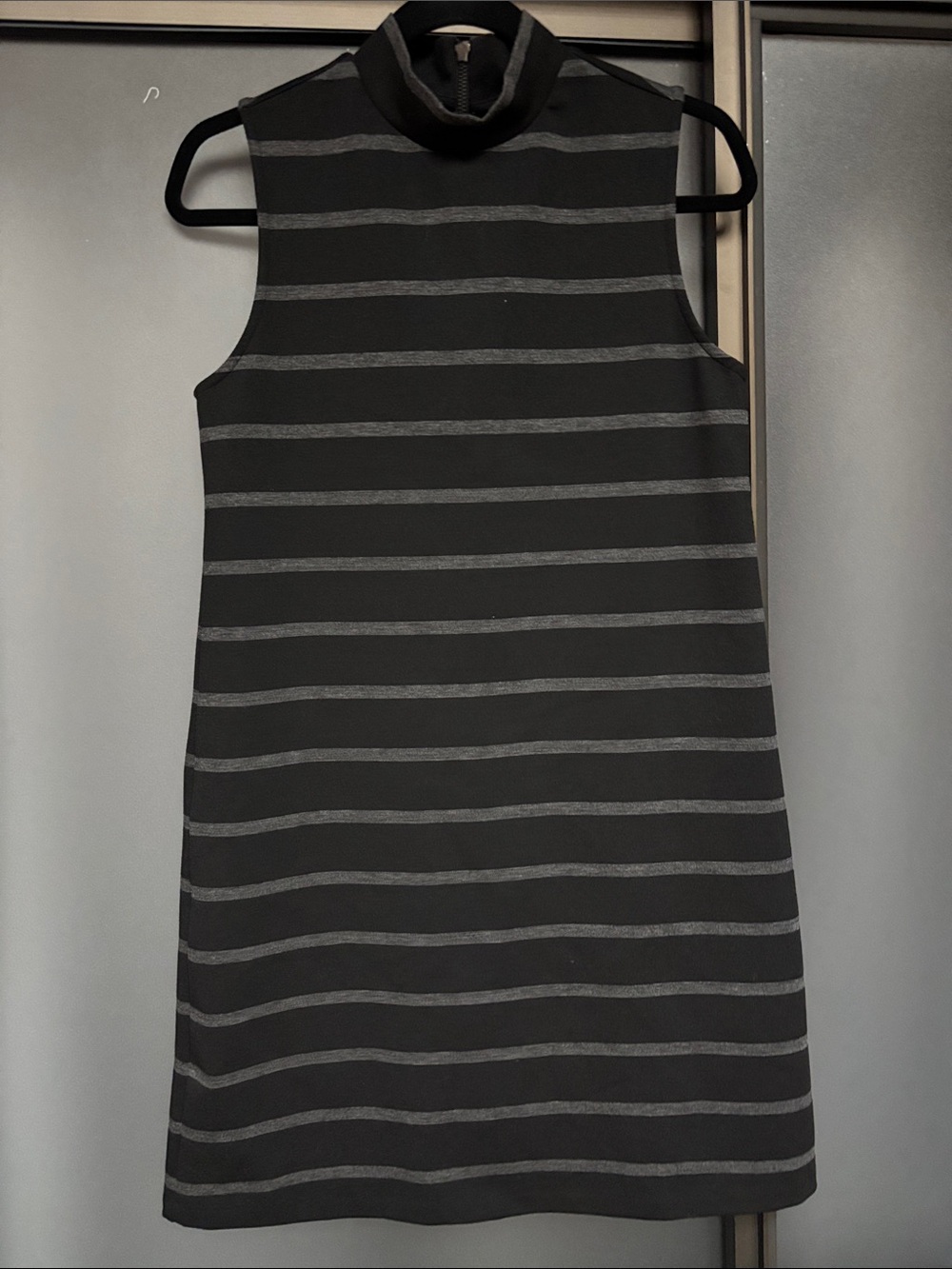 Kenar Black & Gray Striped Sleeveless mock turtleneck Dress